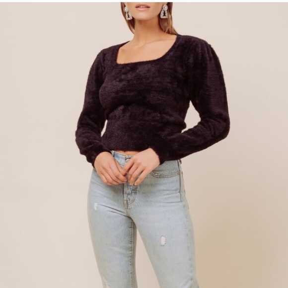 Black colored Fuzzy Crop Square Neck Sweater - Picture 2 of 3